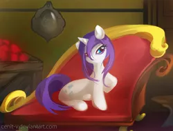 Size: 1150x875 | Tagged: safe, artist:cenit-v, derpibooru import, rarity, pony, unicorn, couch, fainting couch, female, mare, sitting, solo, wet, wet mane, wet mane rarity