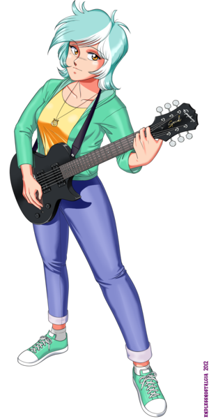 Size: 1500x3000 | Tagged: artist:endlessnostalgia, derpibooru import, electric guitar, fanfic, fanfic:anthropology, fanfic art, female, guitar, human, humanized, jewelry, lyra heartstrings, pendant, safe, simple background, solo, transparent background