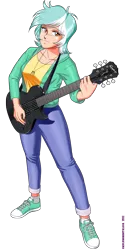 Size: 1500x3000 | Tagged: artist:endlessnostalgia, derpibooru import, electric guitar, fanfic, fanfic:anthropology, fanfic art, female, guitar, human, humanized, jewelry, lyra heartstrings, pendant, safe, simple background, solo, transparent background