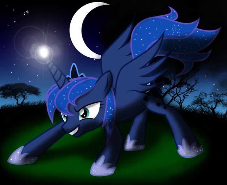 Size: 3531x2882 | Tagged: safe, artist:sergrus, derpibooru import, princess luna, alicorn, pony, action pose, crescent moon, female, high res, mare, moon, night, solo, transparent moon