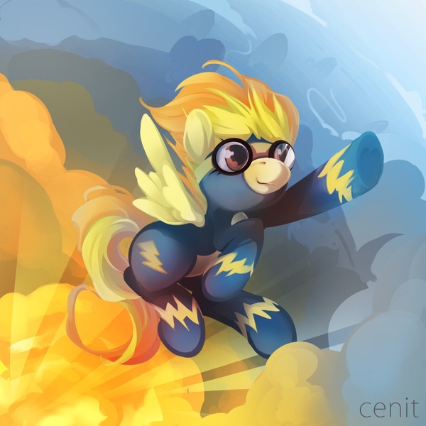 Size: 1000x1000 | Tagged: safe, artist:cenit-v, derpibooru import, spitfire, pegasus, pony, clothes, female, flying, goggles, mare, solo, uniform, wonderbolts uniform