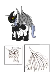Size: 1450x2066 | Tagged: safe, artist:dankodeadzone, derpibooru import, oc, oc:sparkling chaos, unofficial characters only, pony, unicorn, ask luna & venom, armor, artificial wings, augmented, male, mask, mechanical wing, solo, stallion, wings