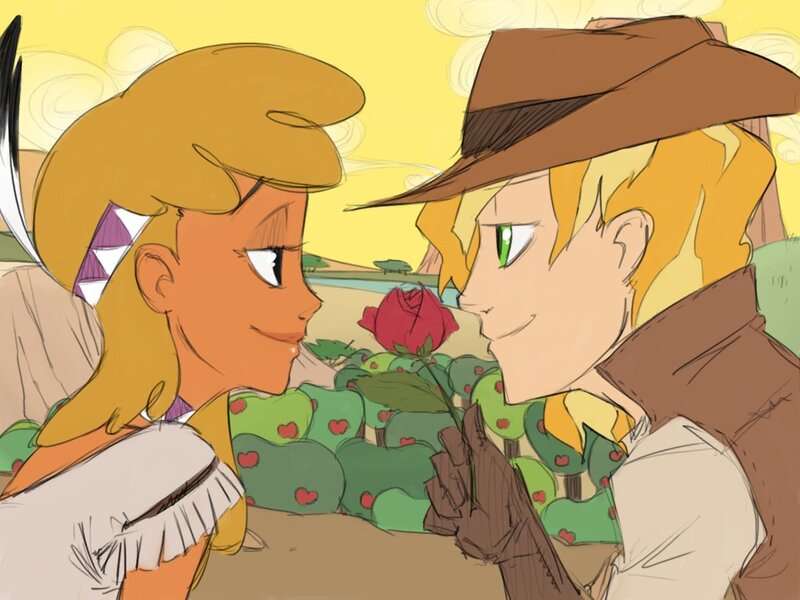 Size: 1024x768 | Tagged: appleloosa, artist:thelivingmachine02, braeburn, braeheart, derpibooru import, eye contact, female, gimp, human, humanized, little strongheart, looking at each other, male, rose, safe, shipping, straight