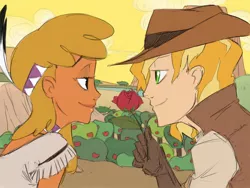Size: 1024x768 | Tagged: appleloosa, artist:thelivingmachine02, braeburn, braeheart, derpibooru import, eye contact, female, gimp, human, humanized, little strongheart, looking at each other, male, rose, safe, shipping, straight