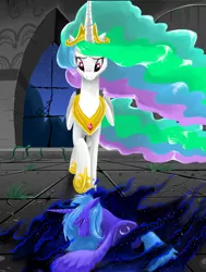 Size: 2271x3000 | Tagged: safe, artist:olafski, derpibooru import, princess celestia, princess luna, alicorn, pony, friendship is magic, castle of the royal pony sisters, crying, defeated, duo, female, good end, high res, mare, prone, s1 luna, sad, scene interpretation, windswept mane