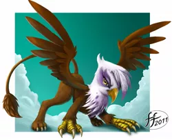 Size: 1276x1034 | Tagged: safe, artist:14-bis, derpibooru import, ponibooru import, gilda, gryphon, artifact, cloud, cloudy, female, fluffy, glare, looking at you, smirk, solo, spread wings