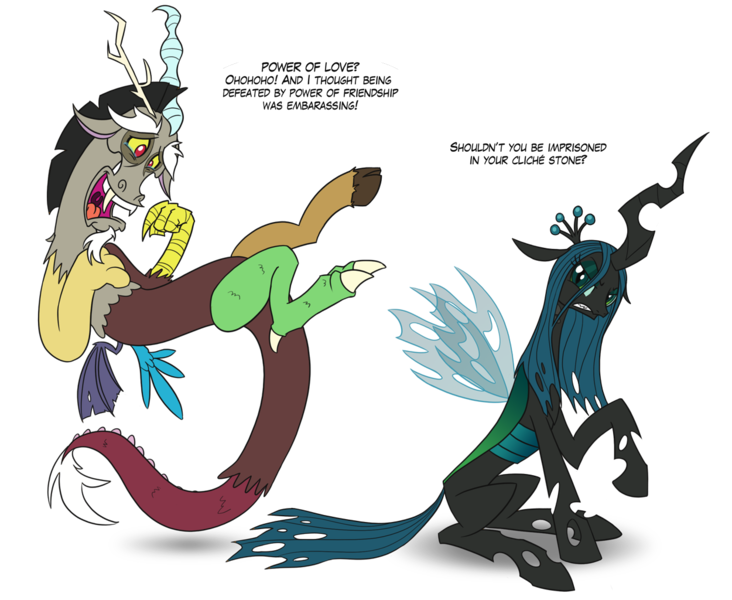 Size: 1250x1024 | Tagged: artist:glancojusticar, changeling, changeling queen, derpibooru import, discord, draconequus, female, laughing, queen chrysalis, safe, simple background, taunting, transparent background