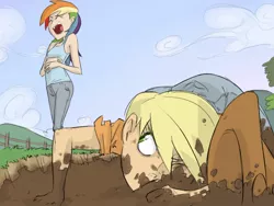 Size: 1024x768 | Tagged: applejack, applejack's hat, artist:thelivingmachine02, cowboy hat, derpibooru import, duo, duo female, fall weather friends, female, gimp, hat, human, humanized, iron pony, laughing, mud, rainbow dash, safe, scene interpretation