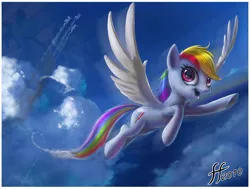 Size: 1134x856 | Tagged: safe, artist:14-bis, derpibooru import, rainbow dash, pegasus, pony, artifact, cloud, contrail, cutie mark, daily deviation, female, flying, happy, looking at you, mare, open mouth, scenery, sky, smiling, solo focus, spread wings, wallpaper, wings, wonderbolts