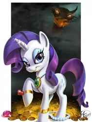 Size: 1074x1417 | Tagged: safe, artist:14-bis, derpibooru import, basil, rarity, dragon, pony, unicorn, dragonshy, artifact, beautiful, coin, emerald, engrish in the description, female, gem, gold, greedity, hoard, jewel, jewelry, looking at you, mare, necklace, pearl (object), raised hoof, ring, ruby, scene interpretation, sin of greed, smiling, smoke, sparkles