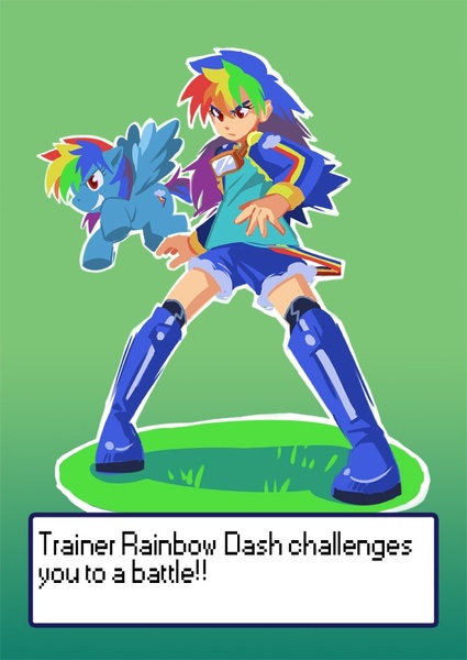 Size: 600x848 | Tagged: safe, artist:gomigomipomi, derpibooru import, rainbow dash, human, pegasus, pony, crossover, female, human ponidox, humanized, mare, nintendo, pokémon, pokémon battle, pokémon trainer, self ponidox