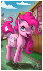 Size: 400x660 | Tagged: safe, artist:14-bis, derpibooru import, pinkie pie, earth pony, pony, female, happy, invitation, letter, mailbag, mare, pronking, scenery, smiling, solo, weather vane