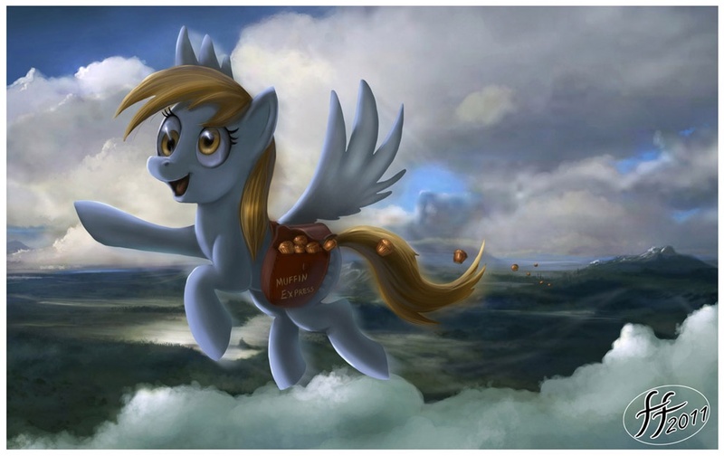 Size: 992x625 | Tagged: safe, artist:14-bis, derpibooru import, derpy hooves, pegasus, pony, artifact, cloud, cloudy, female, flying, mailbag, mare, muffin, saddle bag, scenery, solo