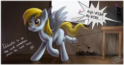 Size: 2551x1346 | Tagged: safe, artist:14-bis, derpibooru import, ponibooru import, derpy hooves, pegasus, pony, artifact, censored vulgarity, computer, female, grawlixes, mare, pc, plug, power cord, solo, unplugged