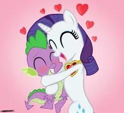 Size: 1652x1516 | Tagged: safe, artist:willisninety-six, derpibooru import, rarity, spike, dragon, pony, unicorn, blushing, cute, eyes closed, female, fire ruby, heart, hug, interspecies, male, mare, shipping, sparity, spikelove, straight