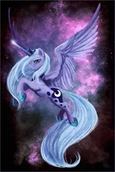 Size: 733x1100 | Tagged: safe, artist:cosmicunicorn, derpibooru import, princess luna, alicorn, pony, female, flying, glowing horn, mare, nebula, s1 luna, solo, space, spread wings
