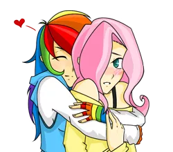 Size: 964x850 | Tagged: safe, artist:ketsuzoku, derpibooru import, fluttershy, rainbow dash, human, blushing, breasts, clothes, cute, delicious flat chest, eyes closed, female, fingerless gloves, flattershy, flutterdash, gloves, hair over one eye, heart, hug, humanized, lesbian, nail polish, shipping, simple background, transparent background