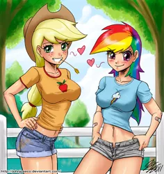 Size: 1020x1080 | Tagged: suggestive, artist:johnjoseco, derpibooru import, applejack, rainbow dash, human, 2010s, 2011, apple, bandaid, beautiful, belly button, blonde hair, blushing, breasts, busty applejack, busty rainbow dash, clothes, confident, cowboy hat, cowgirl, curvy, daisy dukes, denim shorts, dirty, duo, duo female, female, females only, fence, floating heart, food, freckles, grass, green eyes, hands on hip, hat, heart, humanized, image, jpeg, looking at you, multicolored hair, pink eyes, plaster, ponytail, rainbow hair, seductive, sexy, shirt, shorts, straw, straw in mouth, sultry pose, sunny day, tomboy, tree, t-shirt, wide hips