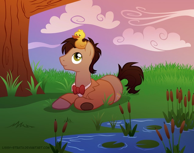 Size: 638x504 | Tagged: safe, artist:lissystrata, derpibooru import, doctor whooves, time turner, ponified, duck, earth pony, pony, bowtie, cloud, cloudy, doctor who, eleventh doctor, grass, lake, lilypad, male, matt smith, photoshop, pond, signature, sky, solo, stallion, tree, water, wind