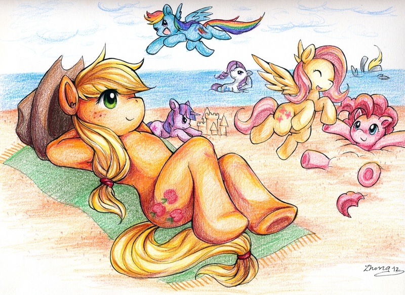 Size: 1000x728 | Tagged: safe, artist:qiisnii, derpibooru import, applejack, derpy hooves, fluttershy, pinkie pie, rainbow dash, rarity, twilight sparkle, earth pony, pegasus, pony, unicorn, anatomically incorrect, beach, colored pencil drawing, female, incorrect leg anatomy, mane six, mare, on back, pencil drawing, traditional art, water