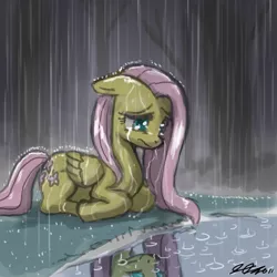 Size: 900x900 | Tagged: safe, artist:johnjoseco, derpibooru import, fluttershy, pegasus, pony, crying, female, floppy ears, mare, prone, rain, reflection, sad, solo, water, wet mane