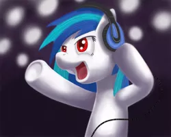 Size: 1000x800 | Tagged: safe, artist:phoenix-conrad, derpibooru import, vinyl scratch, pony, unicorn, female, headphones, mare, red eyes, solo, underhoof