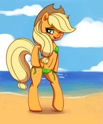 Size: 737x885 | Tagged: safe, artist:verrmont, derpibooru import, applejack, earth pony, pony, semi-anthro, beach, belly button, bikini, bipedal, blushing, clothes, female, green swimsuit, one eye closed, side-tie bikini, solo, swimsuit