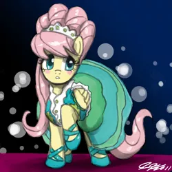 Size: 900x900 | Tagged: safe, artist:johnjoseco, derpibooru import, fluttershy, pegasus, pony, alternate hairstyle, clothes, dress, female, mare, modelshy, solo
