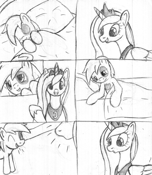 Size: 696x800 | Tagged: safe, artist:tg-0, derpibooru import, pipsqueak, princess luna, alicorn, earth pony, pony, bed, colt, comic, female, lunapip, male, mare, monochrome, no dialogue, shipping, straight