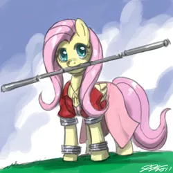 Size: 900x900 | Tagged: safe, artist:johnjoseco, derpibooru import, fluttershy, pegasus, pony, aerith gainsborough, clothes, crossover, female, final fantasy, final fantasy vii, mare, mouth hold, solo, staff