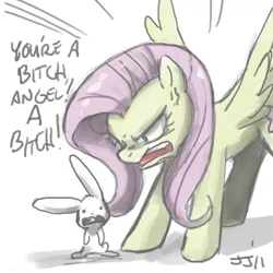 Size: 650x650 | Tagged: safe, artist:johnjoseco, derpibooru import, angel bunny, fluttershy, pegasus, pony, angry, duo, female, flutterbitch, mare, rapeface, role reversal, vulgar