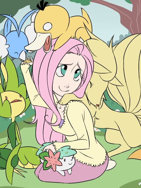 Size: 768x1024 | Tagged: artist:thelivingmachine02, bug type pokémon, clothes, crossover, cute, derpibooru import, female, fire type pokémon, fluttershy, flying type pokémon, forest, gimp, grass type pokémon, hoenn pokémon, human, humanized, kanto pokémon, kneeling, leavanny, mythical pokémon, ninetales, normal type pokémon, pokémon, pokémon black and white, pokémon diamond and pearl, pokémon red and blue, pokémon ruby and sapphire, pokémon team, psyduck, safe, shaymin, sinnoh pokémon, skirt, smiling, swablu, unova pokémon, water type pokémon