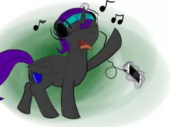 Size: 1804x1345 | Tagged: safe, artist:nyxsparkle, derpibooru import, oc, oc:nyx, unofficial characters only, alicorn, pony, abstract background, alicorn oc, eyes closed, fangs, female, headphones, mare, music, solo