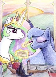 Size: 726x1000 | Tagged: safe, artist:muffinshire, derpibooru import, princess celestia, princess luna, alicorn, pony, bust, duo, eyes closed, female, horn, jewelry, makeup, mare, portrait, regalia, tiara, traditional art