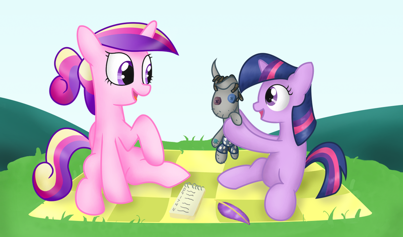 Size: 1347x795 | Tagged: safe, artist:041744, derpibooru import, princess cadance, smarty pants, twilight sparkle, pony, unicorn, duo, filly, foal, picnic blanket, sitting, teen princess cadance, unicorn twilight