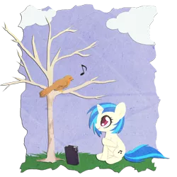 Size: 750x750 | Tagged: safe, artist:rizcifra, derpibooru import, vinyl scratch, bird, pony, unicorn, bare tree, cloud, cloudy, female, filly, music notes, sitting, tree