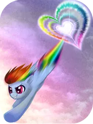 Size: 525x700 | Tagged: safe, artist:rizcifra, derpibooru import, rainbow dash, pegasus, pony, action pose, female, flying, heart, mare, solo, sonic rainboom