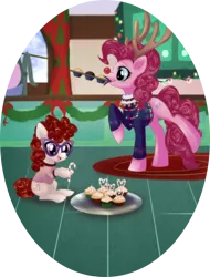 Size: 800x1050 | Tagged: safe, artist:rizcifra, derpibooru import, pinkie pie, twist, earth pony, pony, antlers, cake, candy, candy cane, christmas, clothes, cupcake, duo, fake antlers, female, filly, food, glasses, mare, mouth hold, red nose, sugar cane