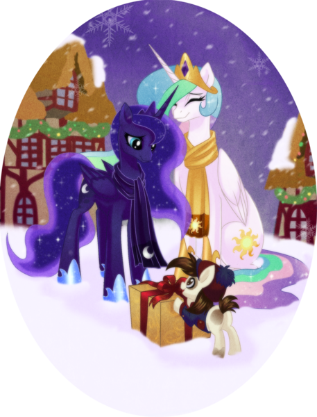 Size: 800x1050 | Tagged: safe, artist:rizcifra, derpibooru import, pipsqueak, princess celestia, princess luna, alicorn, earth pony, pony, christmas, clothes, colt, eyes closed, female, hat, hearth's warming eve, lunapip, male, mare, present, scarf, shipping, snow, snowfall, straight, sweet, trio