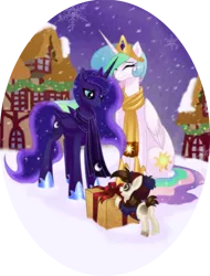 Size: 800x1050 | Tagged: safe, artist:rizcifra, derpibooru import, pipsqueak, princess celestia, princess luna, alicorn, earth pony, pony, christmas, clothes, colt, eyes closed, female, hat, hearth's warming eve, lunapip, male, mare, present, scarf, shipping, snow, snowfall, straight, sweet, trio