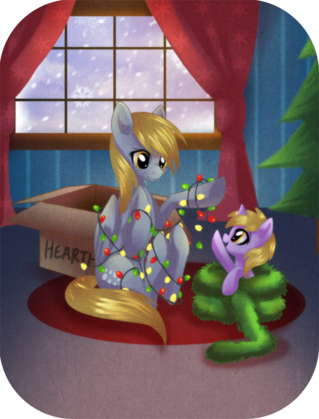 Size: 800x1050 | Tagged: safe, artist:rizcifra, derpibooru import, derpy hooves, dinky hooves, pegasus, pony, unicorn, box, christmas, duo, entangled, equestria's best mother, female, filly, hearth's warming, lights, mare, mother and daughter, sitting