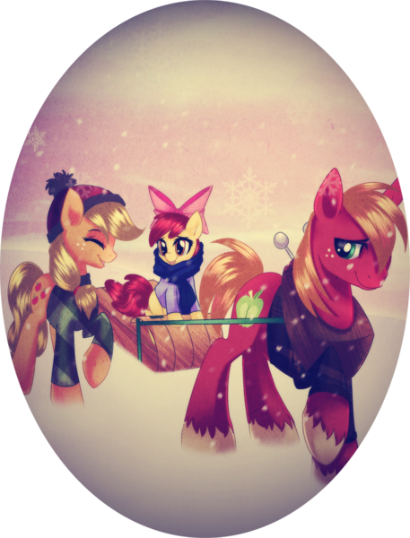 Size: 800x1050 | Tagged: safe, artist:rizcifra, derpibooru import, apple bloom, applejack, big macintosh, earth pony, pony, clothes, female, filly, male, mare, pulling, scarf, sled, stallion