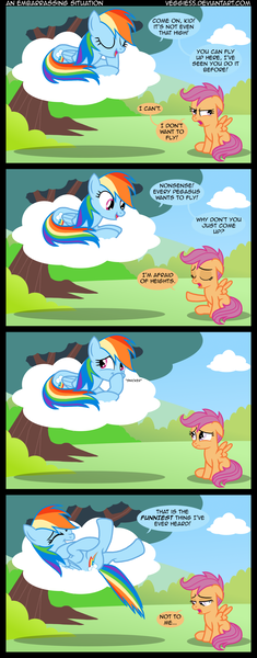 Size: 1250x3193 | Tagged: safe, artist:veggie55, derpibooru import, rainbow dash, scootaloo, pegasus, pony, cloud, comic, eyes closed, female, filly, floppy ears, foal, grin, hooves, lying on a cloud, mare, on a cloud, on back, prone, sad, scootaloo can't fly, sitting, smiling, spread wings, tree, wings