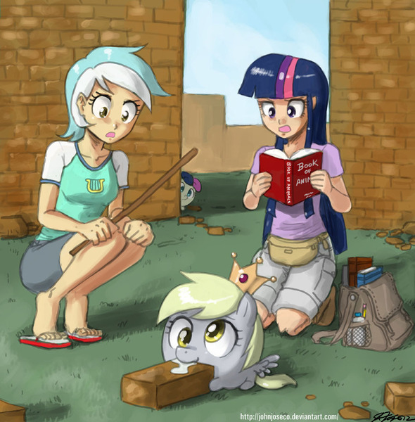 Size: 900x916 | Tagged: artist:johnjoseco, bag, bon bon, book, brick, bricks, brick wall, chubbie, confused, crown, derpibooru import, derpy hooves, drool, fanny pack, female, flip-flops, human, humanized, lyra heartstrings, pig pony, pony blob, safe, sandals, skinny, stick, sweetie drops, twilight sparkle