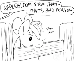 Size: 838x694 | Tagged: safe, artist:cartoonlion, derpibooru import, apple bloom, earth pony, pony, cribbing, dot eyes, female, fence, filly, grayscale, horses doing horse things, monochrome, offscreen character, solo, speech bubble, three quarter view