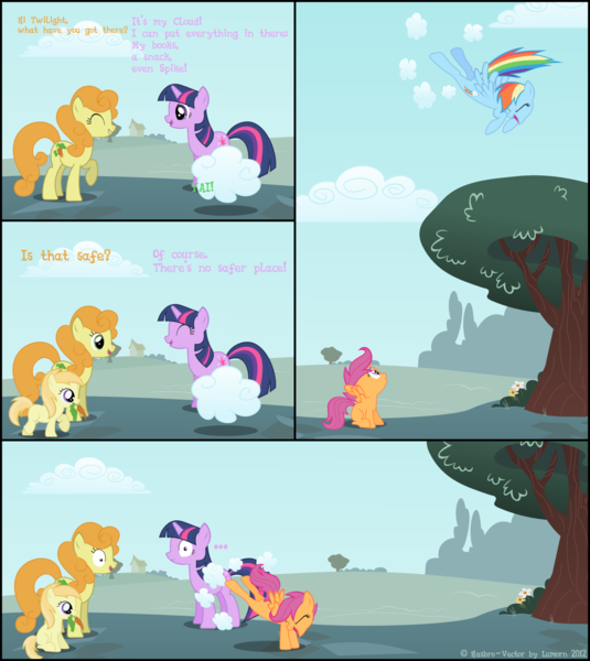 Size: 1600x1794 | Tagged: safe, artist:lumorn, derpibooru import, carrot top, golden harvest, noi, scootaloo, spike, twilight sparkle, earth pony, pegasus, pony, unicorn, ..., carrot, cloud, cloud busting, cloud storage, cloudy, comic, copying, female, filly, food, frown, looking up, mare, mouth hold, open mouth, raised hoof, sitting, smiling, spread wings, unicorn twilight, wide eyes