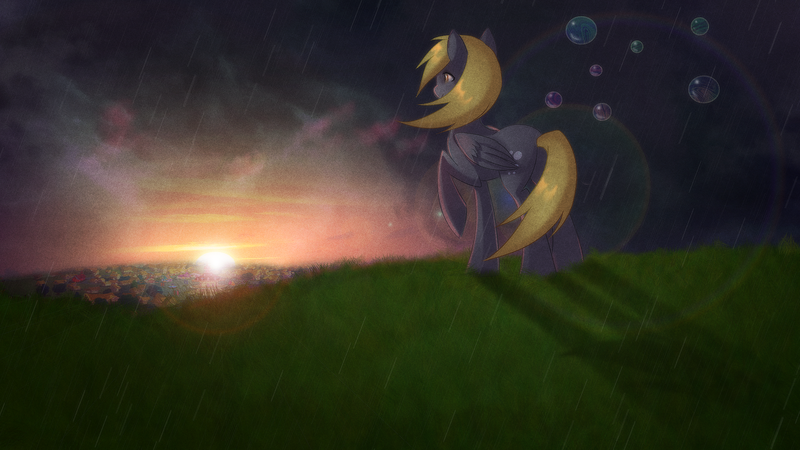 Size: 1920x1080 | Tagged: safe, artist:rizcifra, derpibooru import, derpy hooves, pegasus, pony, bubble, epic derpy, female, lens flare, mare, ponyville, rain, raised hoof, scenery, solo, sunset, wallpaper, windswept mane