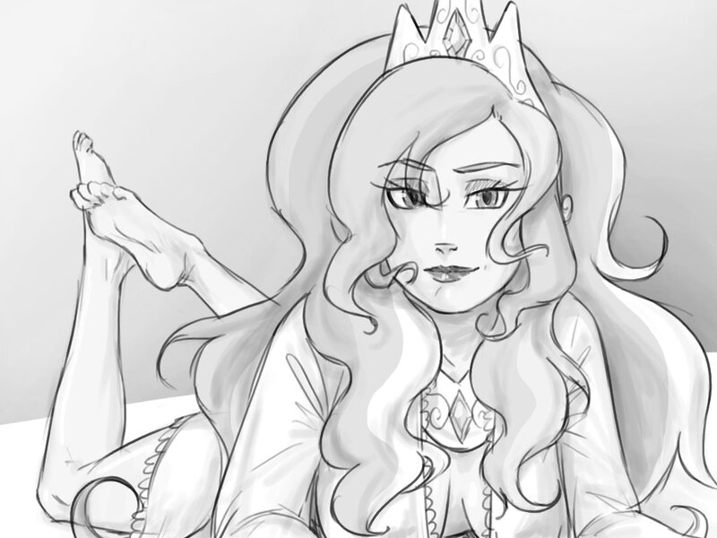 Size: 1024x768 | Tagged: artist:thelivingmachine02, barefoot, breasts, cleavage, crown, derpibooru import, feet, female, foot fetish, gimp, grayscale, human, humanized, jewelry, looking at you, monochrome, princess celestia, prone, regalia, safe, smiling, soles, solo