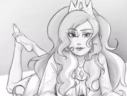 Size: 1024x768 | Tagged: artist:thelivingmachine02, barefoot, breasts, cleavage, crown, derpibooru import, feet, female, foot fetish, gimp, grayscale, human, humanized, jewelry, looking at you, monochrome, princess celestia, prone, regalia, safe, smiling, soles, solo