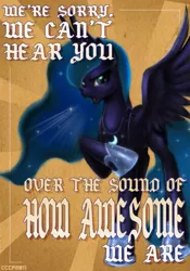 Size: 700x1000 | Tagged: safe, artist:rizcifra, derpibooru import, princess luna, alicorn, pony, abstract background, blackletter, caption, female, mare, poster, raised hoof, solo, traditional royal canterlot voice